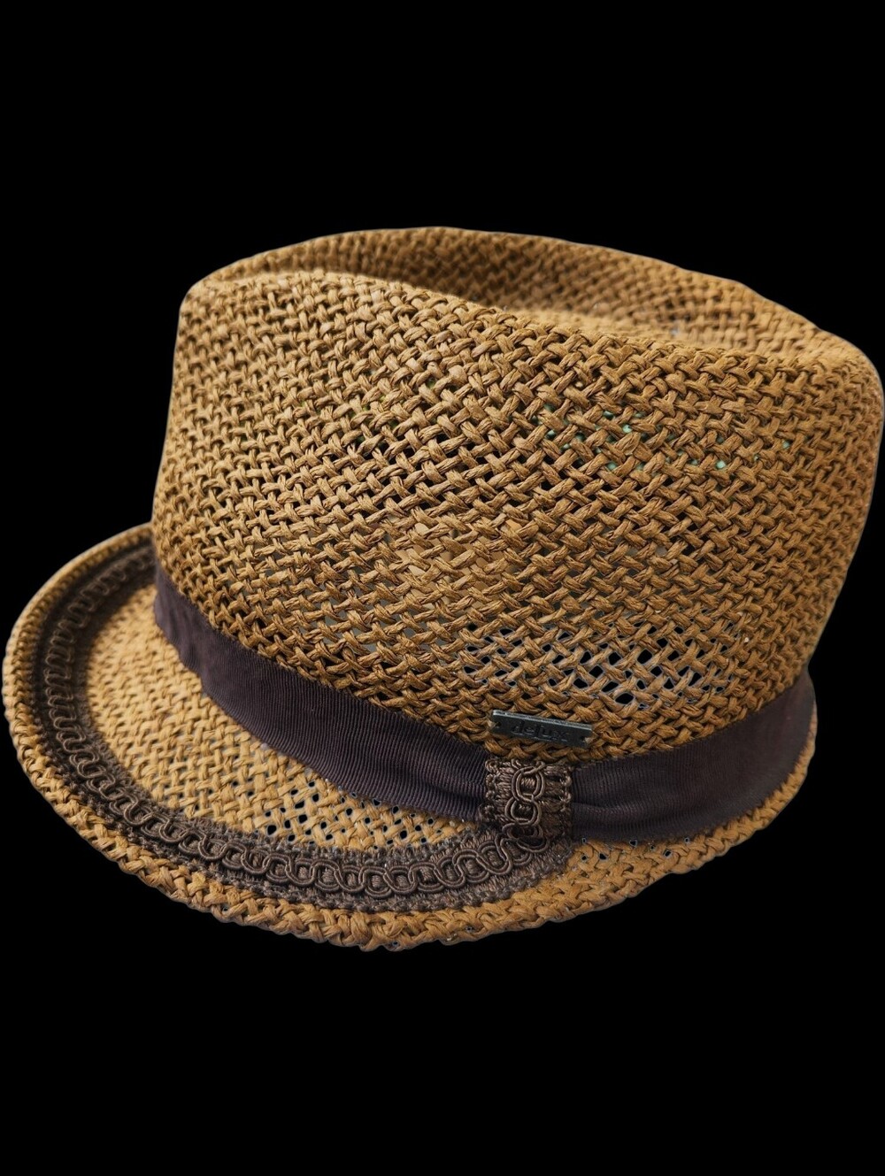 deLux Brown Straw Fedora Hat Boho Western Festival Open Weave